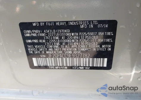 2014 Subaru Xv Crosstrek 2.0I Premium z USA, uszkodzony, nr VIN JF2GPACC9E9327782